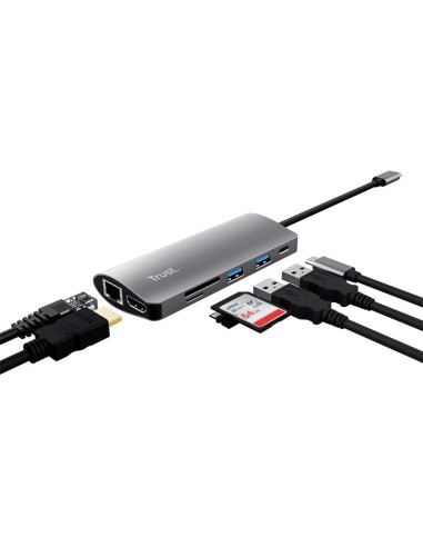 HUB TRUST DALYX USB-C 7 EN 1 HDMI USB-C USB MICRO SD RJ45 SILVER