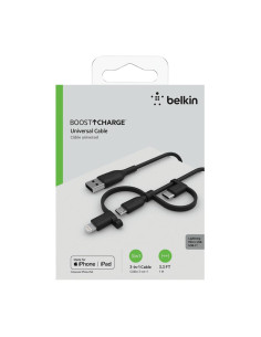 Belkin Cable USB-A 3 in 1 1Metro 15w Conectores USB-C Micro-Usb Lightning Negro (CAC001BT1MBK)