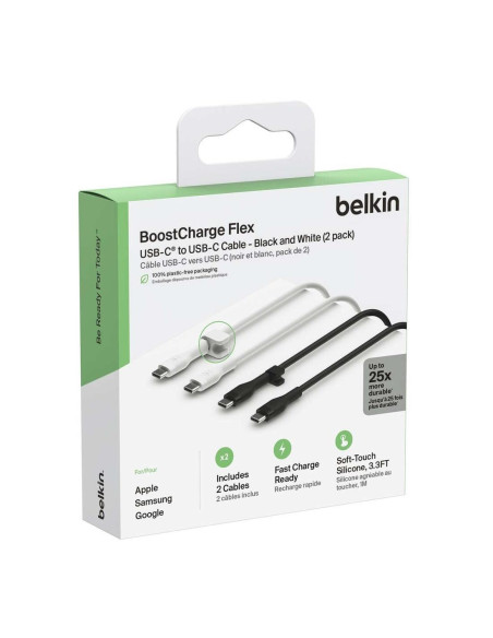Belkin Cable USB-C to USB-C 1 Metro Silicona con Clip Pack 2 Banco/Negro (CAB009BT1MBW2PK)