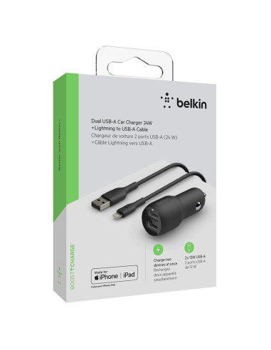 Belkin Cargador de Coche Doble USB-A 24W + Cable 1 Metro USB- Lightning Negro (CCD001BT1MBK)