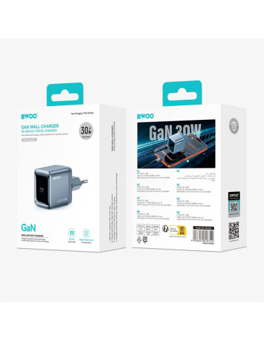 BWOO Cargador de Pared Carga Rápida Gan 30W USB-C Gris (BO-CDA236)
