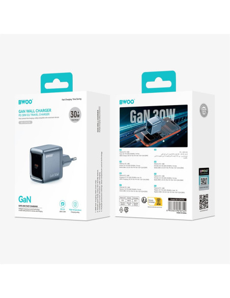 BWOO Cargador de Pared Carga Rápida Gan 30W USB-C Gris (BO-CDA236)