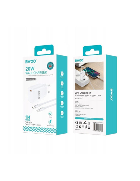 BWOO Cargador Rápido 20W Cable Type-C to Type-C 1 Metro Blanco (BO-CDA159C-C)