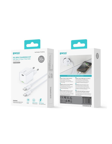 BWOO Cargador Rápido 30W Cable Type-C to Type-C 1 Metro Blanco (BO-CDA211C-C)