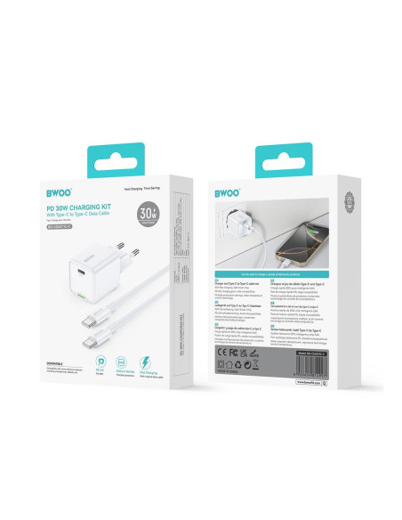 BWOO Cargador Rápido 30W Cable Type-C to Type-C 1 Metro Blanco (BO-CDA211C-C)