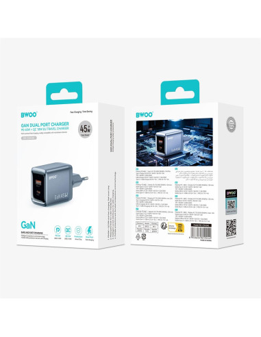 BWOO Cargador Rápido Gan 45W Doble Puerto USB-C Gris (BO-CDA240)