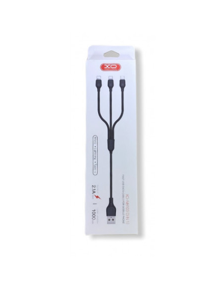 CABLE NB103 CARGA RAPIDA 3 EN 1 | MICRO + TIPO C + LIGHTNING A USB | BLANCO