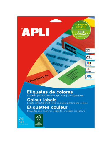 APLI Etiquettes 210x297 jaunes jet/laser/copieur 20 feuilles etiqueta autoadhesiva Rectángulo Permanente Amarillo 20 pieza(s)