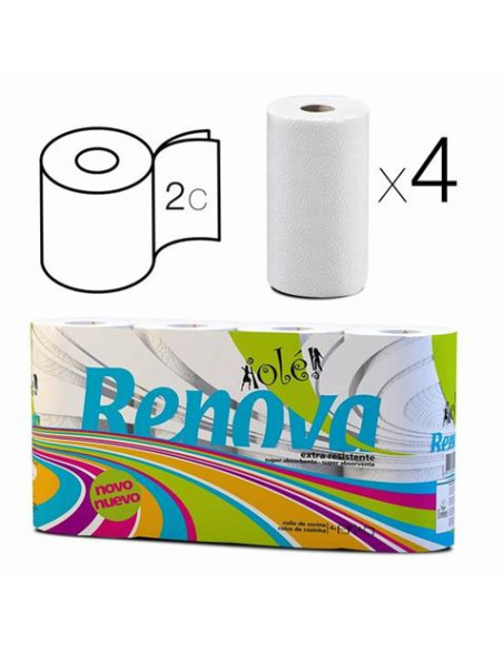PACK 4 ROLLOS PAPEL COCINA DOBLE CAPA BLANCO RENOVA