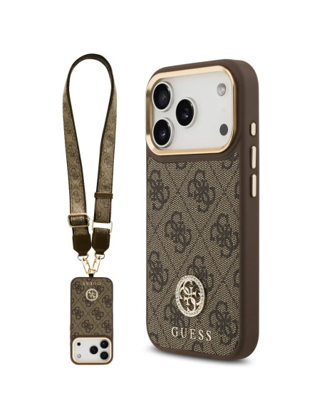 FUNDA IPHONE 17 PRO EN POLIPIEL MARRÓN CON LOGO Y CORREA ANCHA