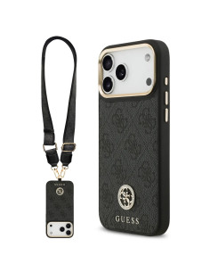 FUNDA IPHONE 17 PRO MAX EN POLIPIEL NEGRA CON LOGO Y CORREA ANCHA