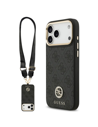 FUNDA IPHONE 17 PRO MAX EN POLIPIEL NEGRA CON LOGO Y CORREA ANCHA