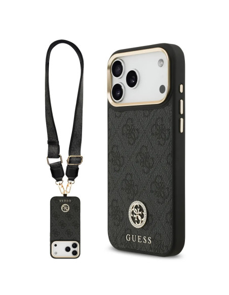 FUNDA IPHONE 17 PRO MAX EN POLIPIEL NEGRA CON LOGO Y CORREA ANCHA