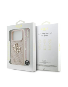FUNDA IPHONE 17 PRO GUESS ROSA CON CORREA DE PERLAS, EFECTO PIEL Y LOGOTIPO 2