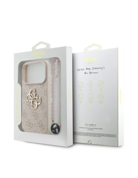 FUNDA IPHONE 17 PRO GUESS ROSA CON CORREA DE PERLAS, EFECTO PIEL Y LOGOTIPO