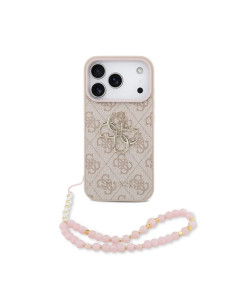 FUNDA IPHONE 17 PRO GUESS ROSA CON CORREA DE PERLAS, EFECTO PIEL Y LOGOTIPO
