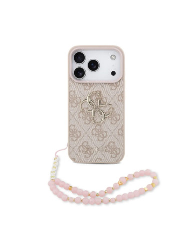 FUNDA IPHONE 17 PRO GUESS ROSA CON CORREA DE PERLAS, EFECTO PIEL Y LOGOTIPO