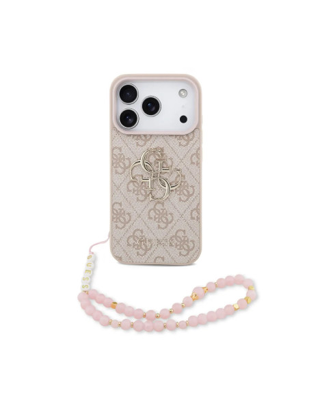 FUNDA IPHONE 17 PRO GUESS ROSA CON CORREA DE PERLAS, EFECTO PIEL Y LOGOTIPO