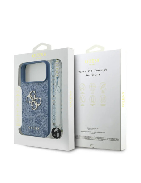FUNDA GUESS IPHONE 17 PRO MAX CON CORREA DE PERLAS, EFECTO PIEL Y LOGOTIPO AZUL