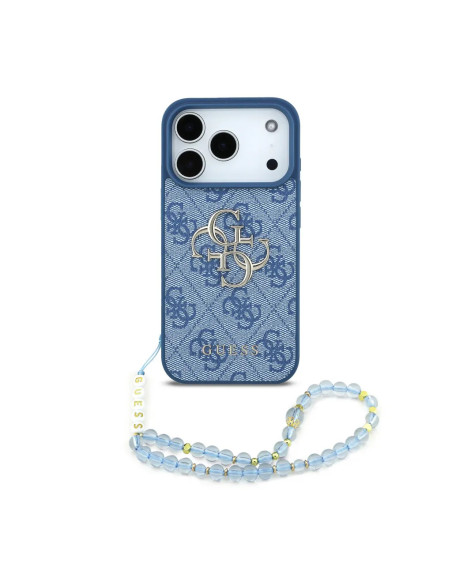 FUNDA GUESS IPHONE 17 PRO MAX CON CORREA DE PERLAS, EFECTO PIEL Y LOGOTIPO AZUL