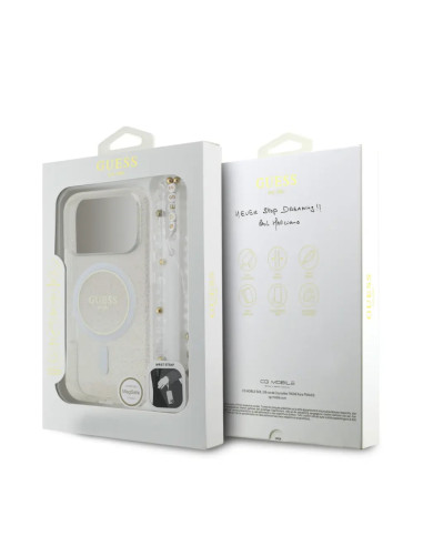 FUNDA GUESS IPHONE 17 PRO MAX TRANSPARENTE CON MAGSAFE BRILLOS Y CORREA DE PERLAS