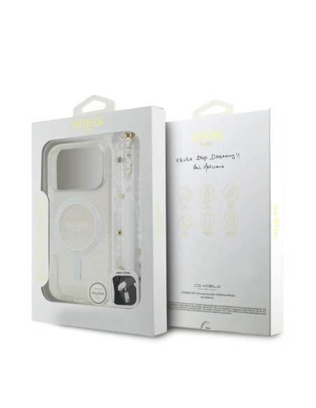 FUNDA GUESS IPHONE 17 PRO MAX TRANSPARENTE CON MAGSAFE BRILLOS Y CORREA DE PERLAS