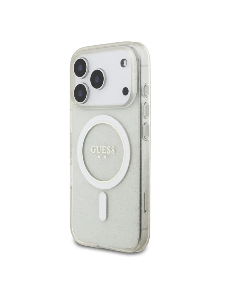 FUNDA GUESS IPHONE 17 PRO MAX TRANSPARENTE CON MAGSAFE BRILLOS Y CORREA DE PERLAS