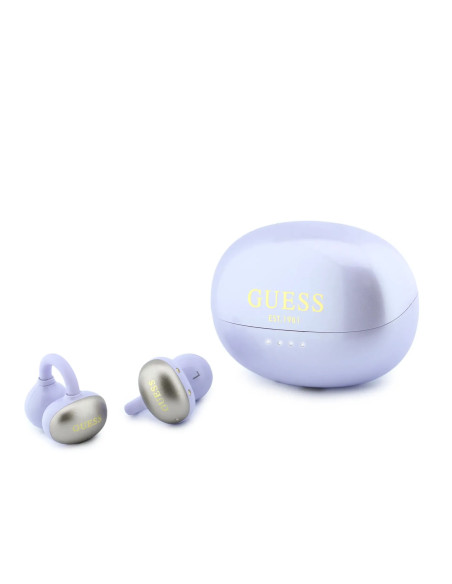 AURICULARES OWS GUESS ACABADO METÁLICO Y LOGOTIPO MORADO