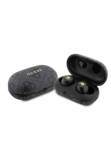 AURICULARES TWS ENC GUESS CON ACABO DE POLIPIEL Y LOGOTIPO METALICO NEGRO