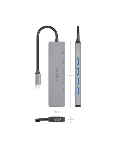AISENS USB-C Dock 6 en 1, USB-C a 1xHDMI, 4xUSB-A, 1xUSB-C PD 100W,