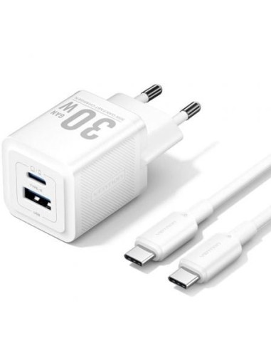 CARGADOR DE PARED VENTION GAN USB-C 30W WHITE + CABLE USB-C 1M WHITE
