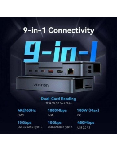 DOCKING USB-C PARA STEAM DECK/SWITCH VENTION 2X HDMI 4K/3X USB-A/1X USB-C/1X USB-C PD/1X RJ45/1X MICROSD