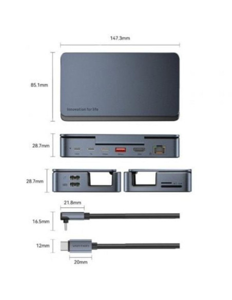 DOCKING USB-C PARA STEAM DECK/SWITCH VENTION 2X HDMI 4K/3X USB-A/1X USB-C/1X USB-C PD/1X RJ45/1X MICROSD