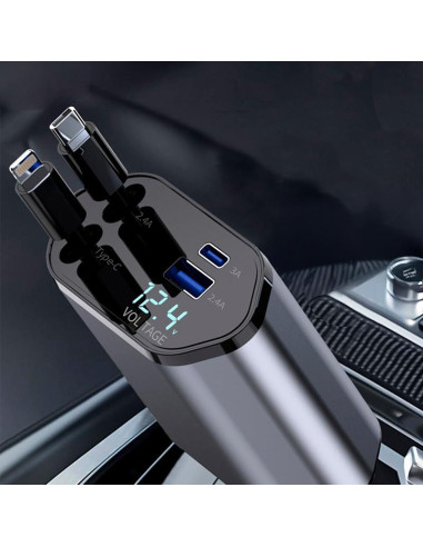 CARGADOR DE COCHE 4 EN 1 104W CABLES RETRACTILES