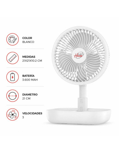 VENTILADOR PORTATIL Y EXTENSIBLE DE BATERÍA PLEGABLE BLANCO