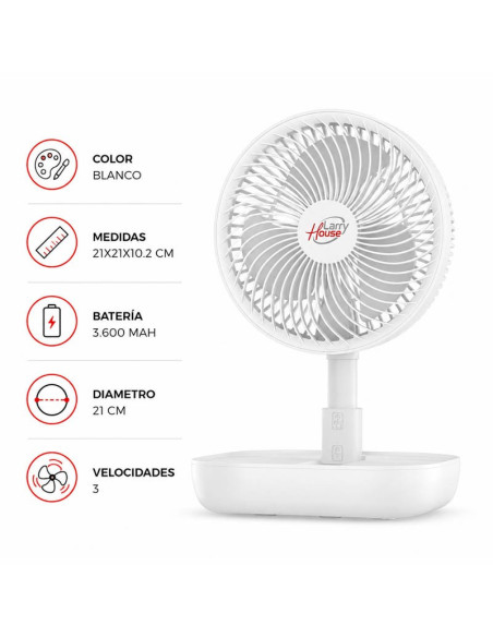 VENTILADOR PORTATIL Y EXTENSIBLE DE BATERÍA PLEGABLE BLANCO