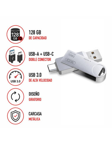 PENDRIVE USB 3.0 128GB CON USB-A Y USB-C PLATA GIRATORIO