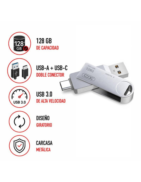 PENDRIVE USB 3.0 128GB CON USB-A Y USB-C PLATA GIRATORIO