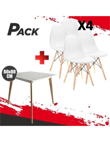 MESA DESIGN D900 80X80CM BLANCA + 4 SILLAS DESIGN D100 BLANCAS MUVIP