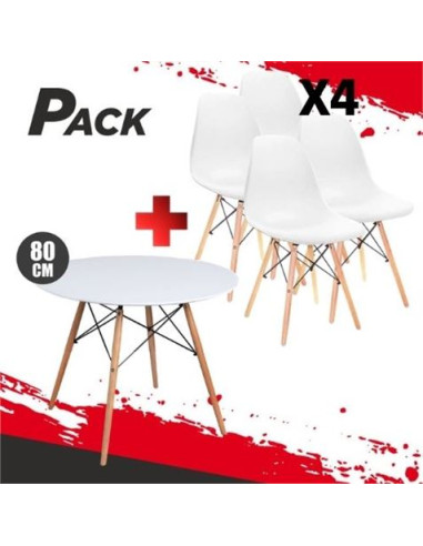 MESA REDONDA DESIGN D500 80CM BLANCA + 4 SILLAS DESIGN D100 BLANCAS MUVIP