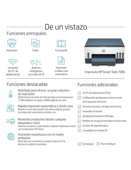 IMPRESORA HP SMART TANK MULTIFUNCION 7006 COLOR WIFI DUPLEX WHITE/BLUE