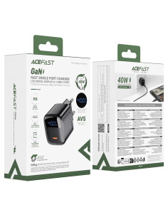 Cargador USB-C Acefast A135 PD40W GaN con Display Digital Negro
