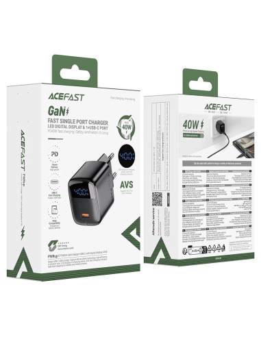 Cargador USB-C Acefast A135 PD40W GaN con Display Digital Negro