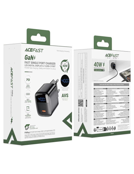 Cargador USB-C Acefast A135 PD40W GaN con Display Digital Negro