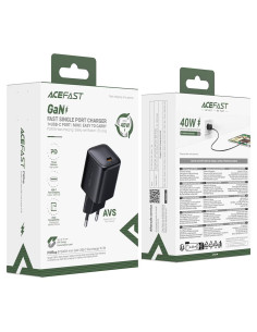 Cargador USB-C Acefast A136 PD40W Mini GaN Cargador Rápido Negro