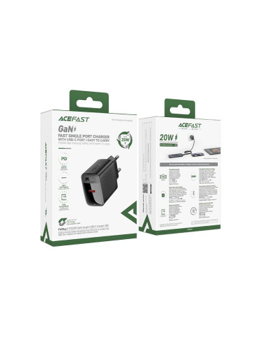 Cargador USB-C Acefast A82 PD20W GaN + Cable USB-C 1,2 Metros Negro