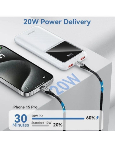 POWERBANK VENTION 10000MAH 2XUSB-A + USB-C LED DISPLAY 22.5W BLACK