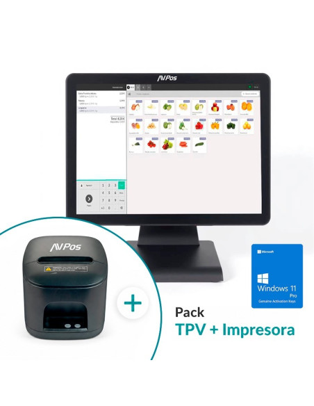 PACK TPV AVPOS K2000 15 I3/8GB/128GB/WIFI/BLUETOOTH/LAN 1000/W11P + TC15 USB