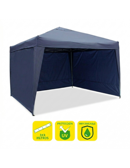 CARPA PLEGABLE ACERO 3X3 METROS AZUL OSCURO + 3 PAREDES PARA CARPA PLEGABLE