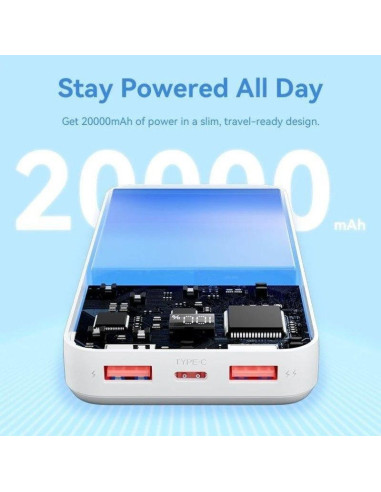 POWERBANK VENTION 20000MAH 2XUSB-A + USB-C LED DISPLAY 22.5W WHITE